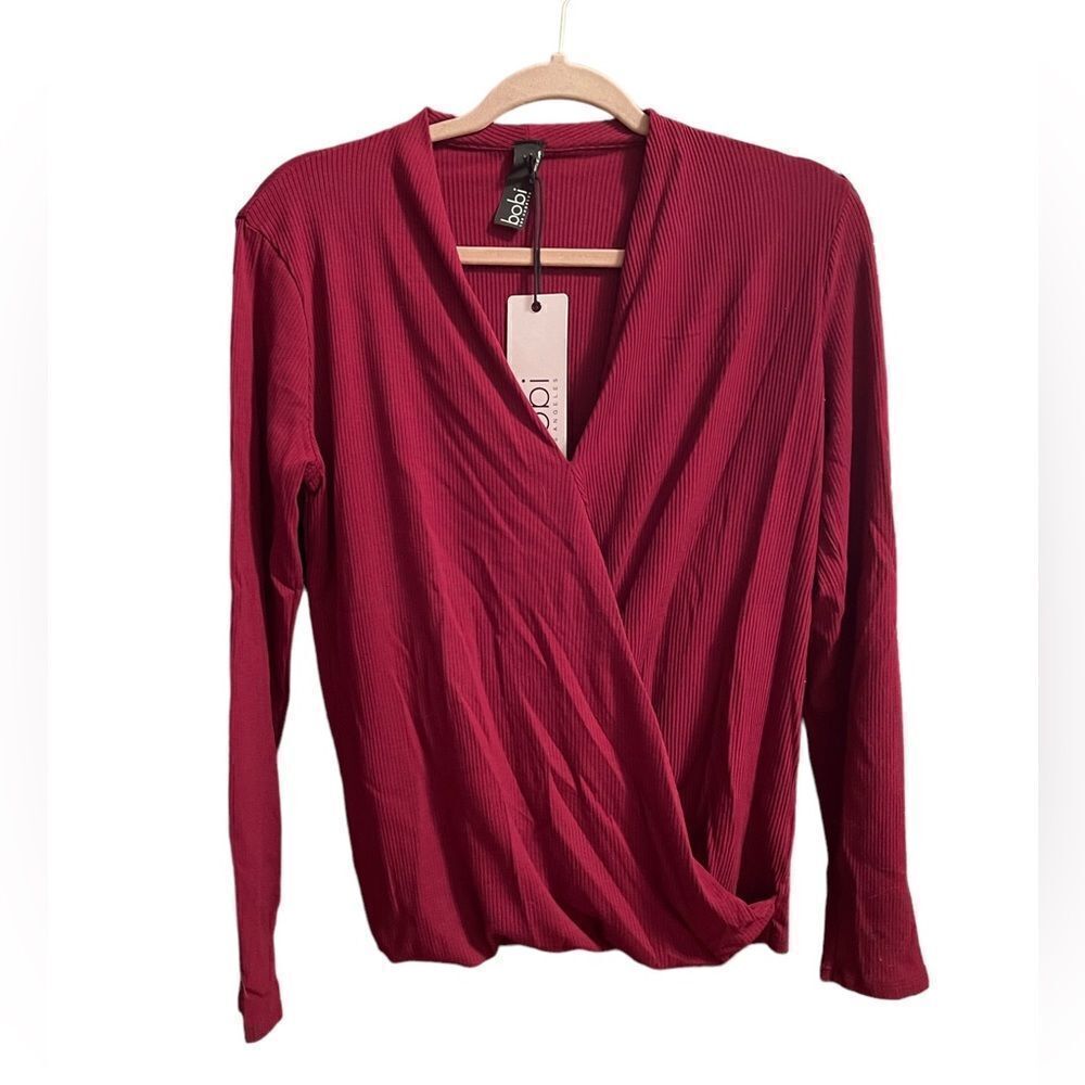 Bobi Surplice Rib Date Night Long Sleeve Top In Pinot Size S NWT